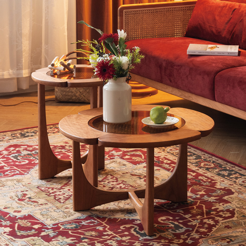 Nordic-style Retro Solid Wood Side Table And Water Lily Coffee Table Set For Small Apartments