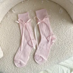 Thin French Ribbon Bow Tube Socks For Children - Light Pink - View 1