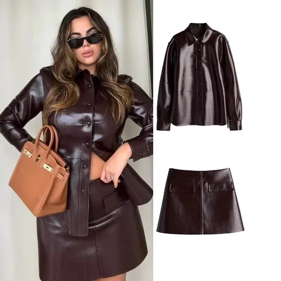 Women's Lapel Button PU Coat Mini Skirt Two piece Set Set - Shop at LoveMi