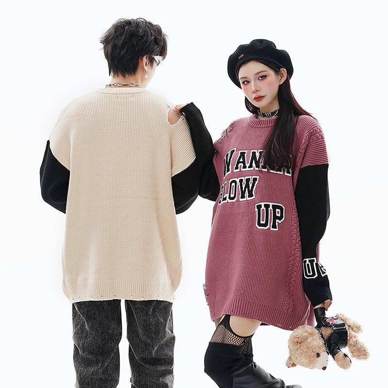 Ripped Pin Embroidered Letter Jacquard Knitted Sweater