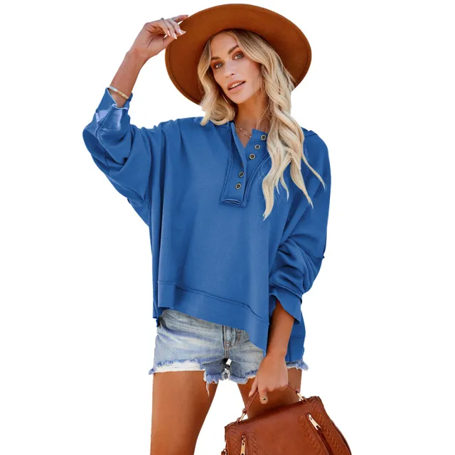 Leisure Loose Patchwork Drop shoulder Long sleeve Sweatshirt Women Winter Thicken Solid Color Hoodie Blue - Shop at LoveMi
