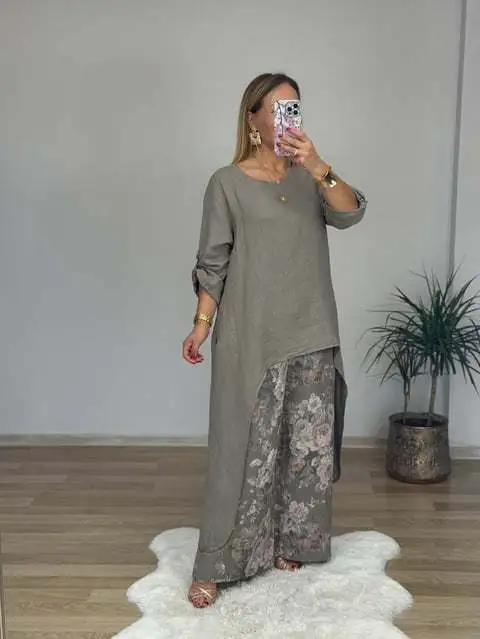 Women's Casual Cotton Linen Irregular Top Wide Leg Pants With Pockets Suit Gray - Shop at LoveMi