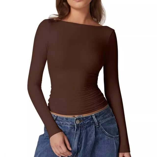 Women's Long sleeved Shirt Round Neck T shirt Brown - Shop at LoveMi