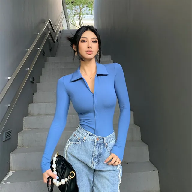Women's Irregular Skinny V neck Long Sleeve Jumpsuit Underwear Bottoming Shirt Blue - Shop at LoveMi