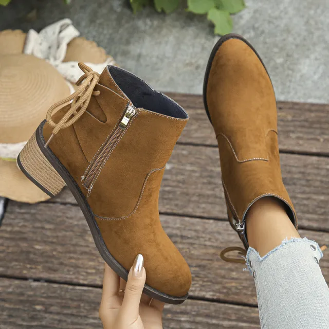 Plus Size Back Bandage Retro Chunky Heel Side Zipper Martin Boots Camel - Shop at LoveMi