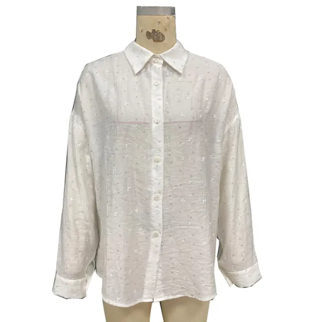 Elegant Solid Color Crepe Loose Fit Shirt Cardigan Women's Top White - Shop at LoveMi