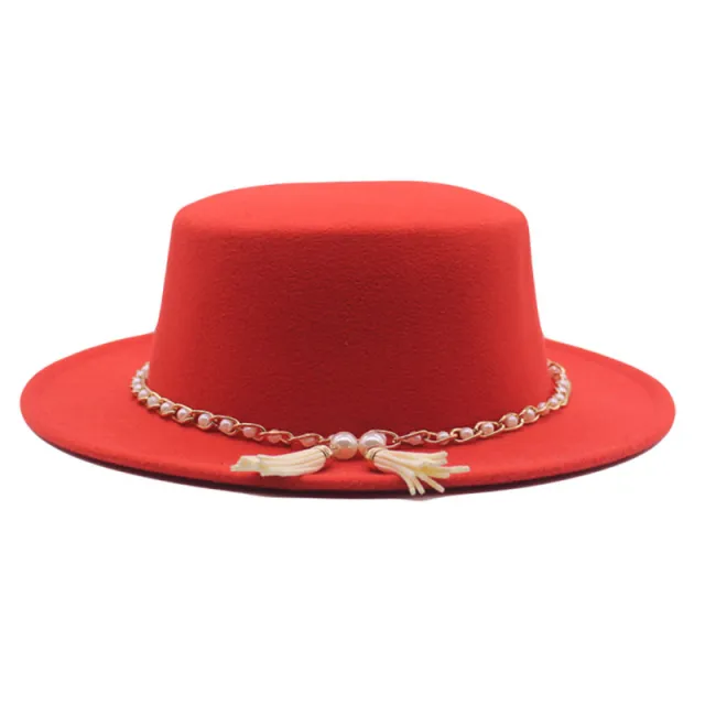 Fashion Flat Brim Top Hat Women Flat Top Woolen Hat Red - Shop at LoveMi