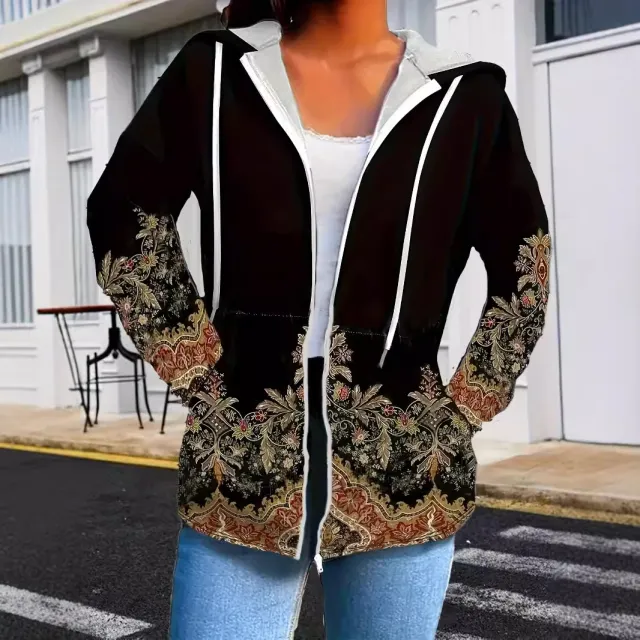 Ethnic Print Hooded Plus Size Women's Coat Black - Shop at LoveMi
