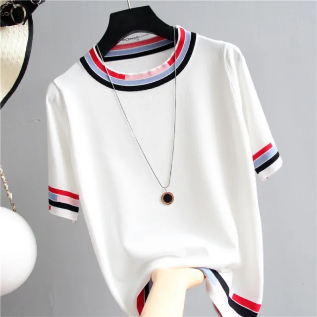 Top Women's Short sleeved Ice Silk Knitted Half sleeve Bottoming Shirt White - Shop at LoveMi