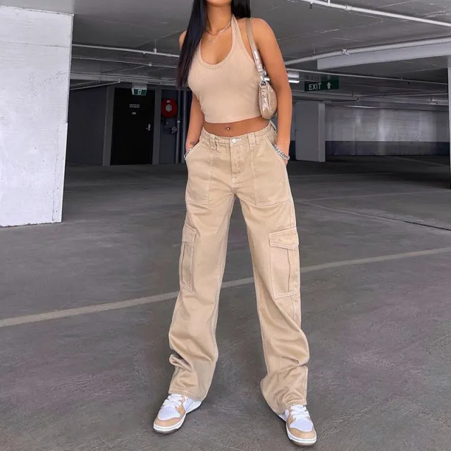 Stylish Multi pocket Workwear Straight leg Trousers High Waist Jeans Khaki - Shop at LoveMi
