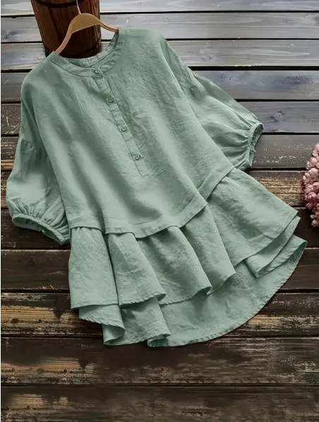 Women's Solid Color Buttons Cotton And Linen Short Sleeve Mid-length Shirt - Green