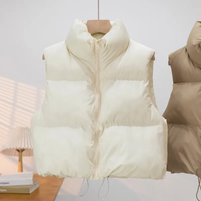Down Cotton Vest Women Stand-up Collar Thick Warm - Beige