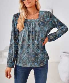 Women's Fashion Casual Square Collar Fold Floral Long Sleeve Loose Top T-shirt - Grey - View 1