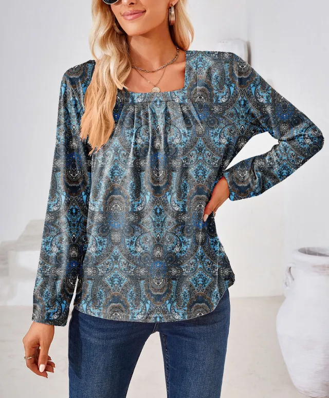 Women's Fashion Casual Square Collar Fold Floral Long Sleeve Loose Top T shirt Gray - Shop at LoveMi