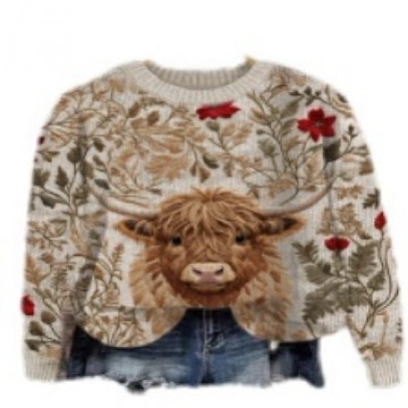 Little Flower Digital Printed Round Neck Sweater