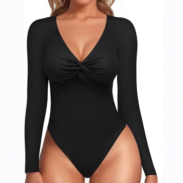 Deep V neck Knot Slim fit Long sleeved Bottoming Women's Tight Jumpsuit Black - Shop at LoveMi