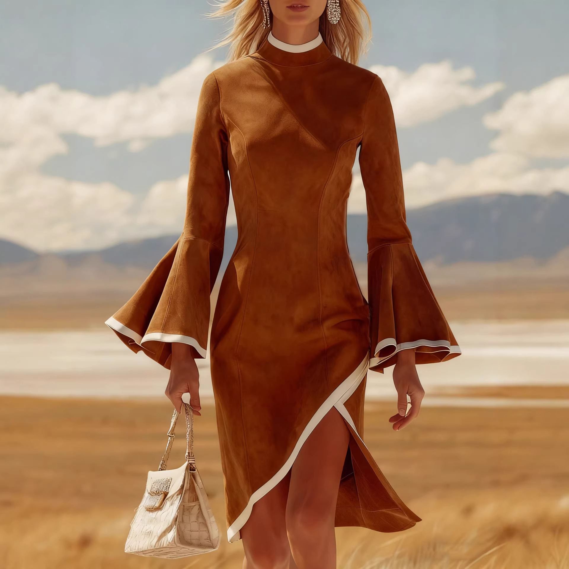 AutumnWinter Chic Casual Retro White Bell Sleeve Midi Dress Brown - Shop at LoveMi