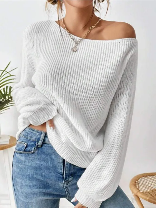Loose Leisure All matching Pullover Boat Neck Sweater White - Shop at LoveMi