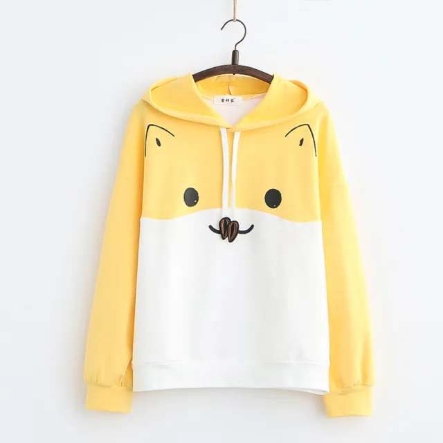 Japanese College Style Sweet Cute Cartoon Cat Printing Loose Hooded Sweater Yellow - Shop at LoveMi