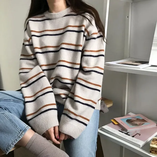 Women's Round Collar Sweater Women's Striped Sweater Loose And Idle Apricot - Shop at LoveMi