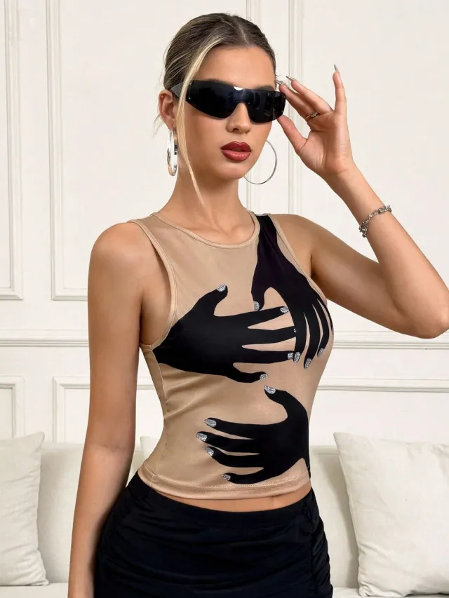 Y2K Printed Tank Vest INS Fashion Streetwear Round Neck Sleeveless Top Summer Women's Clothing Tan - Shop at LoveMi