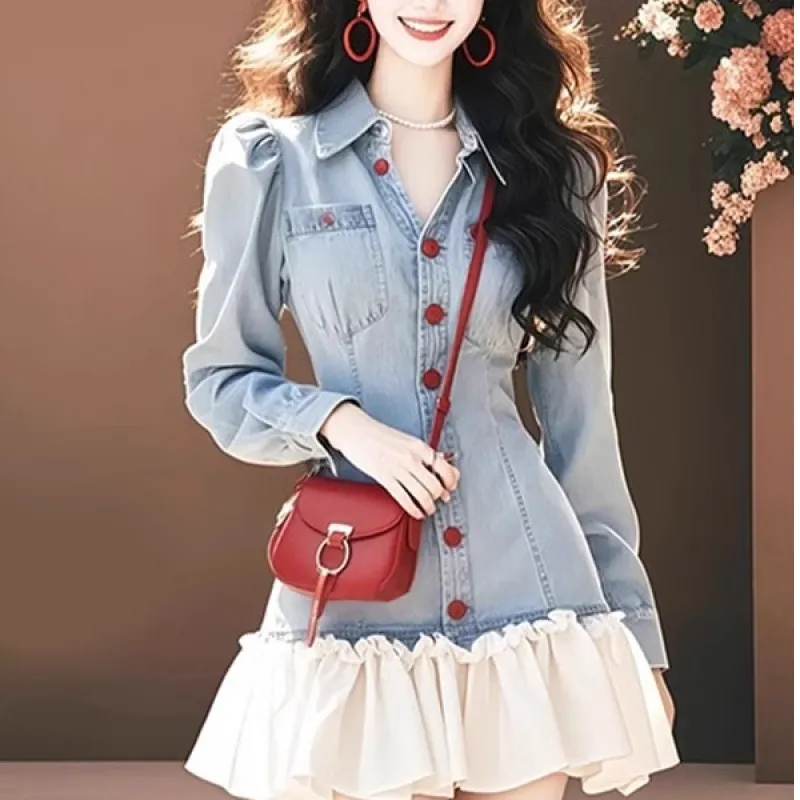 Style Retro Design Patchwork Denim Dress - Patchwork Denim Dress