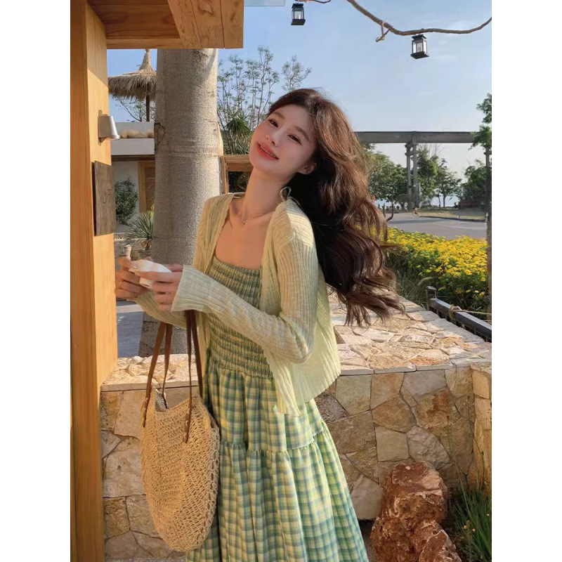 Mint Green Cardigan Suspender Skirt Mori Style Two-piece Set