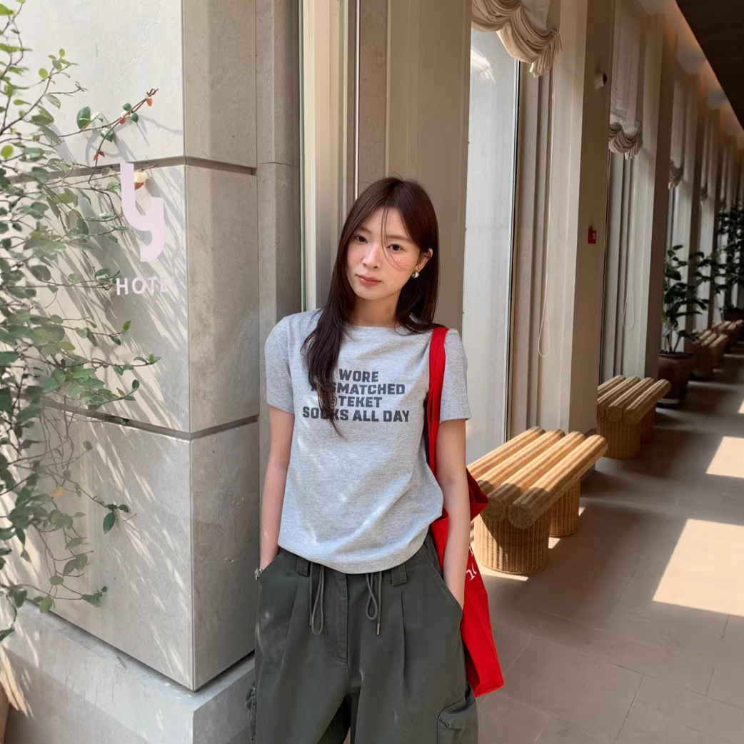 Minimalist Letter-print Short-sleeve T-shirt Pure Cotton Top Versatile For Workwear Style