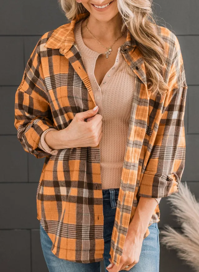 European And American Plaid Shirt Spring And Autumn Fashionable Loose All match Long Sleeve Single breasted Lapel Shirt Orange - Shop at LoveMi