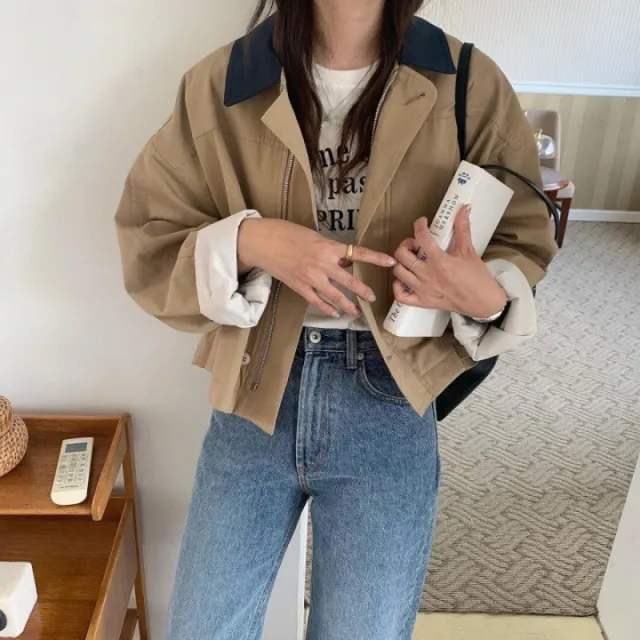 Korean Style Loose Contrast Color Lapels Single breasted Casual Short Top Khaki - Shop at LoveMi