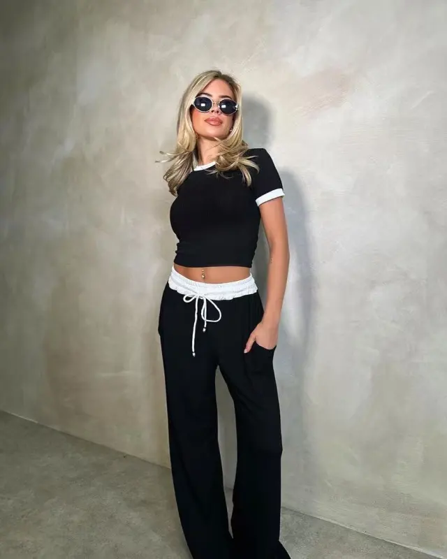 Casual Minimalist Solid Color Short Sleeve Top And Wide Leg Pants Set Black - Shop at LoveMi