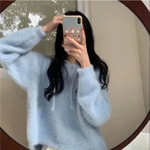 Hooded Fashion Short Hooded Knitted Sweater Blue - Shop at LoveMi