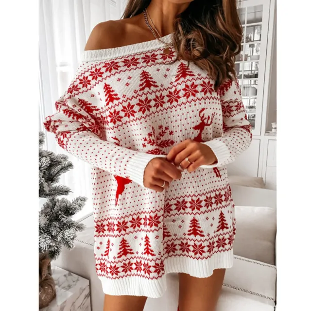 Ladies Christmas Jacquard Loose fitting Knitted Long sleeved Dress White - Shop at LoveMi