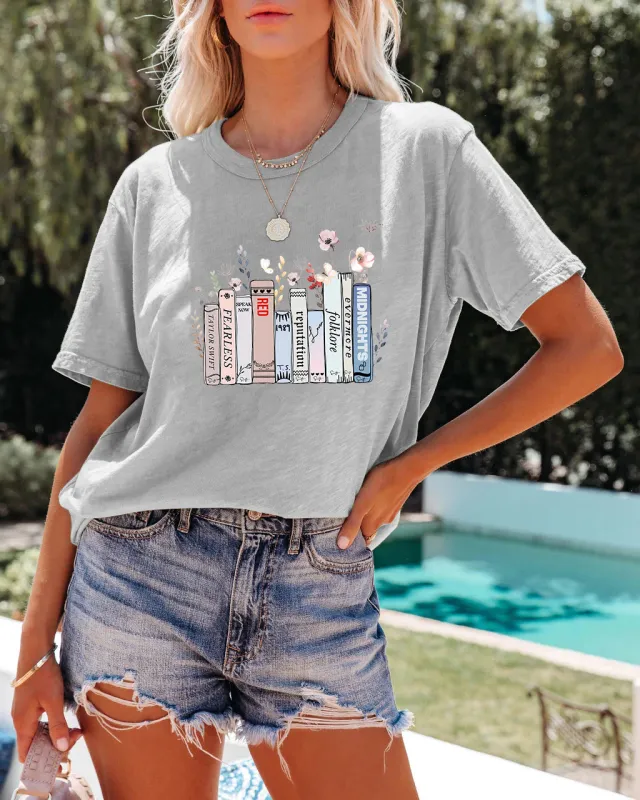 Summer New Book Flower T shirt Cute Fashion Round Neck Pullover Light Gray - Shop at LoveMi
