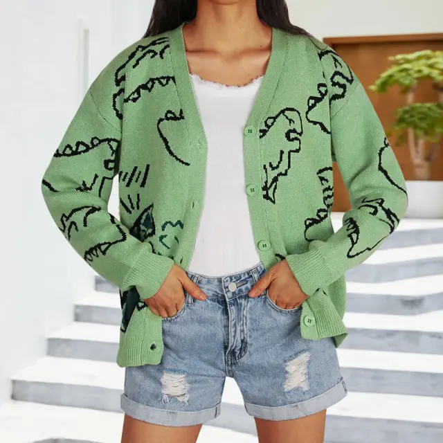 New Loose Cartoon Dinosaur Knit Sweater Green - Shop at LoveMi