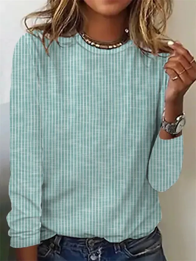 Loose Solid Color Striped Round Neck T shirt For Women Cyan - Shop at LoveMi