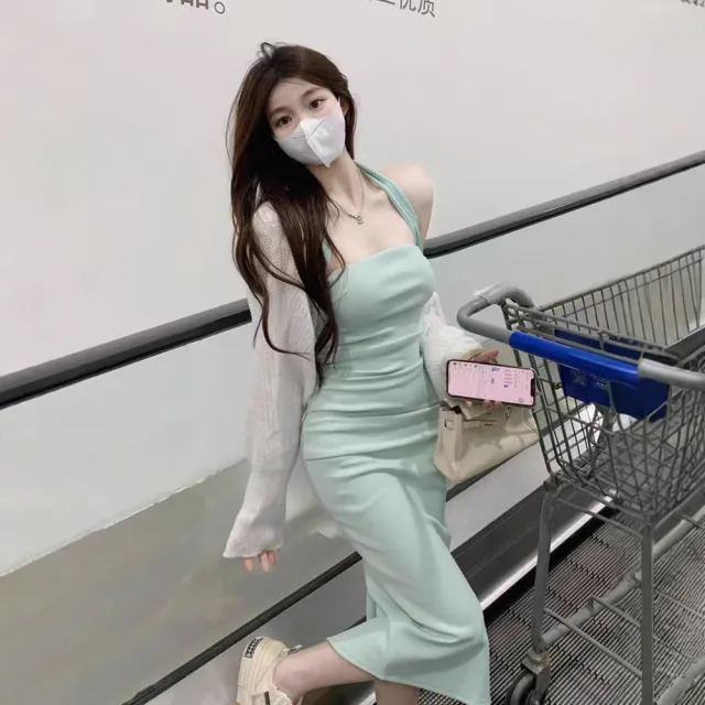 Summer High end Pure Desire Style Backless Hip hugging Long Dress Green - Shop at LoveMi