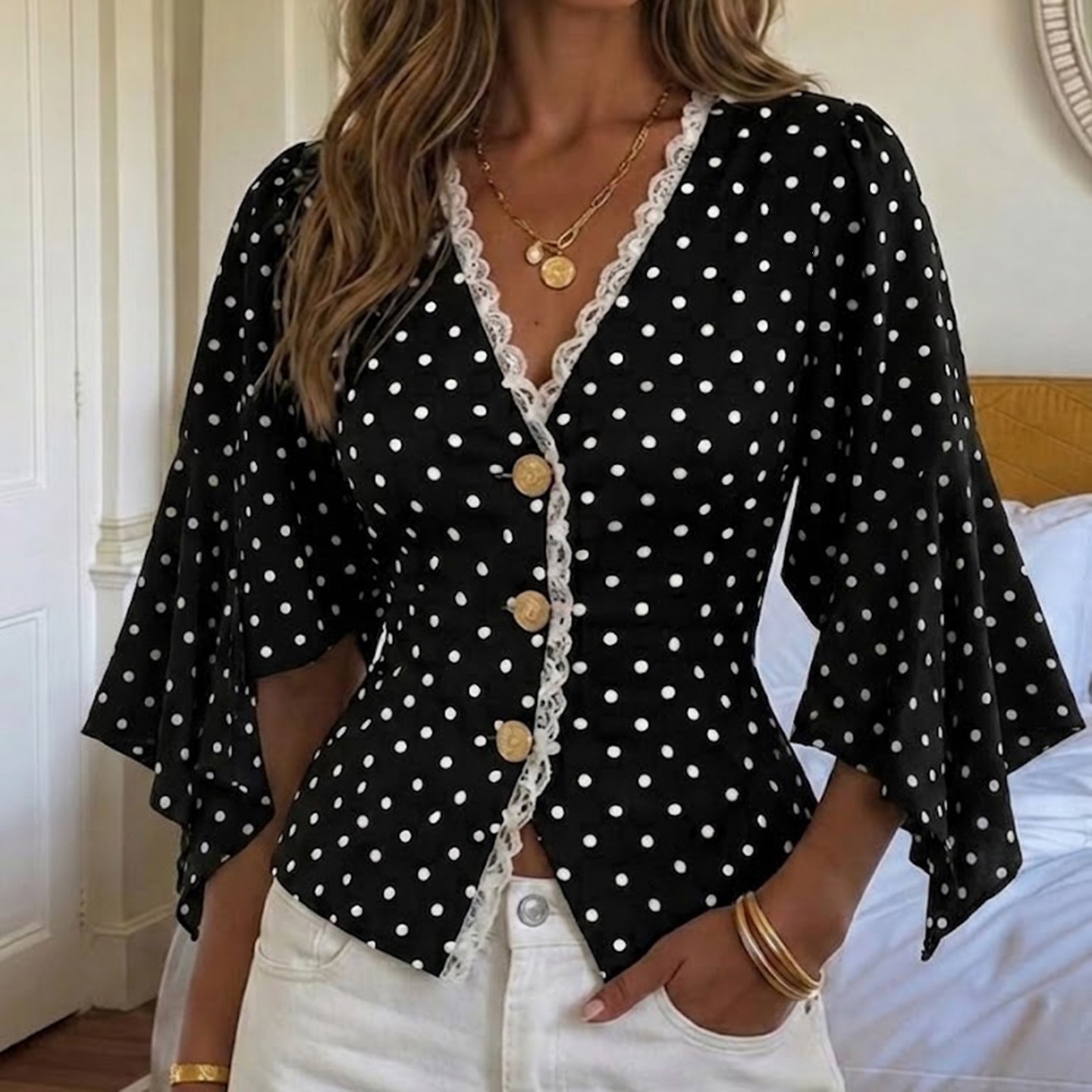 French-style Vintage Chic Slightly Mature Wave-pattern T-shirt