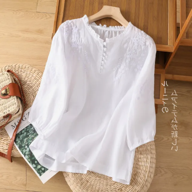 Ramie Women's Embroidered Lace Thin Cotton Linen Shirt White - Shop at LoveMi