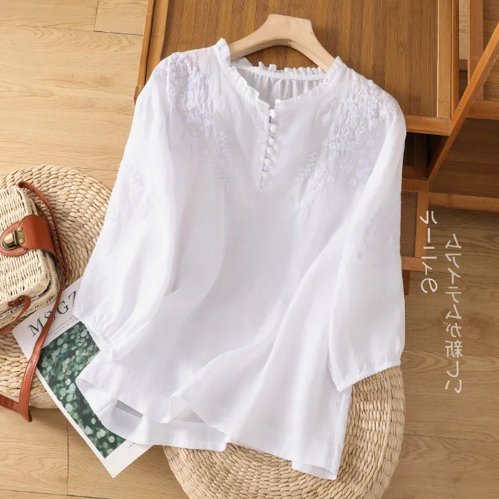 Ramie Women's Embroidered Lace Thin Cotton Linen Shirt - White