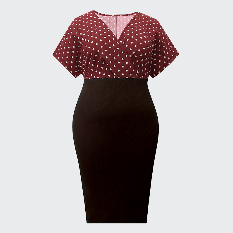 Color block Dot V neck Plus Size Short Sleeve Dress Wine Red - Shop at LoveMi