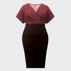 Color-block Dot V-neck Plus Size Short Sleeve Dress - Wine Red - View 1