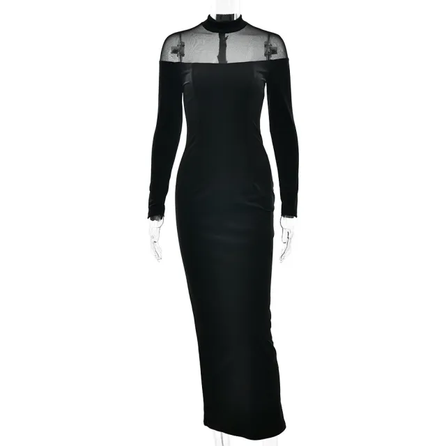 Mesh See through Spliced Sexy Tight Solid Color Dress Black - Shop at LoveMi