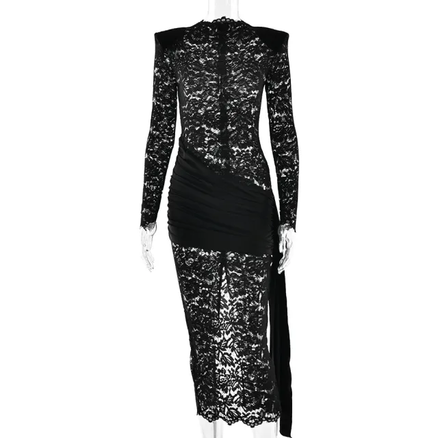 Womens Lace See Through Long Sleeve Dress With Ribbons Black - Shop at LoveMi