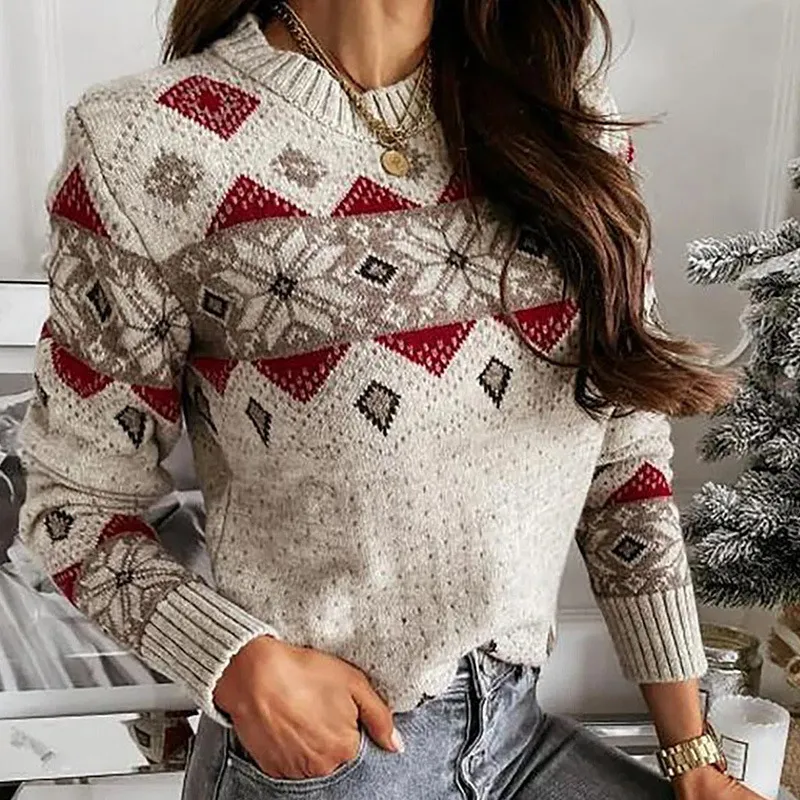 Geometric Rhombus Contrast Color Sweater Warm - Apricot