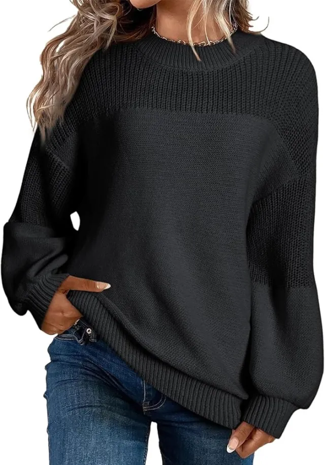 Solid Color Lantern Sleeve Pullover Round Neck Sweater Black - Shop at LoveMi