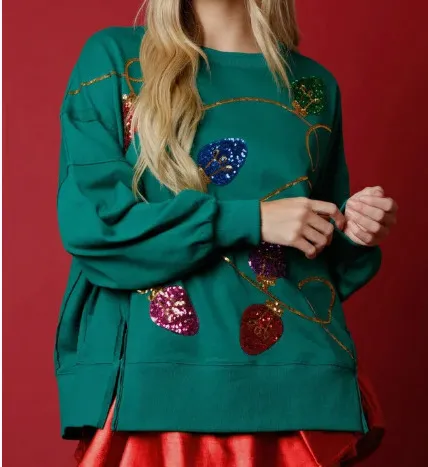 European And American Women's Clothing Christmas Sequins Long Sleeve Pullover Hoodie Women Green - Shop at LoveMi