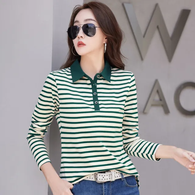 Cotton Button Temperament Korean style Slim Blouse Green Stripes - Shop at LoveMi