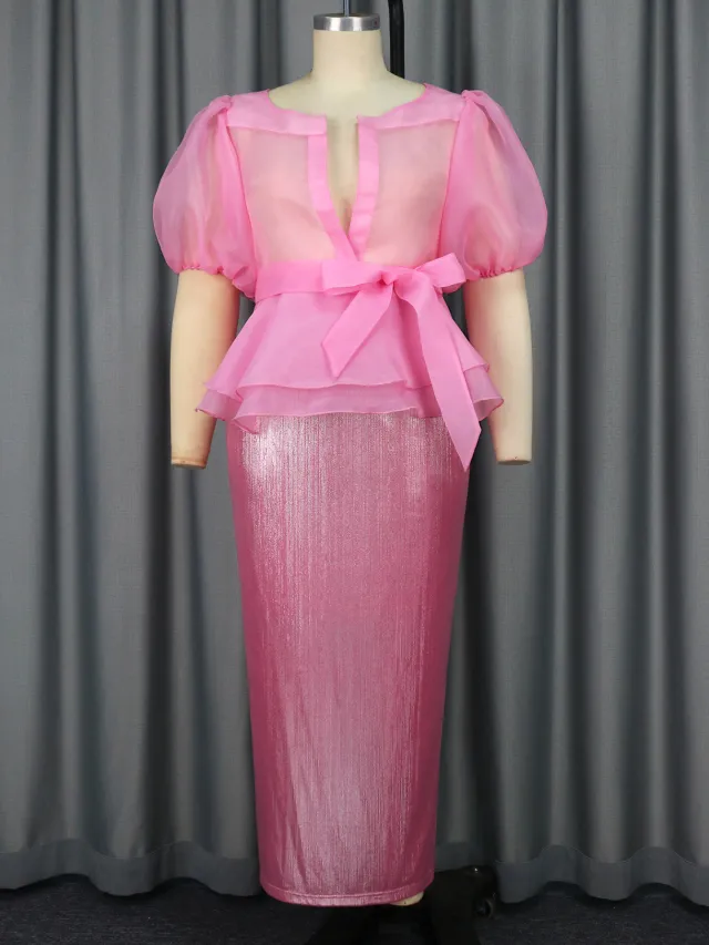 Female Bubble Sleeve Bow Shirt Skirt Set Pink - Shop at LoveMi