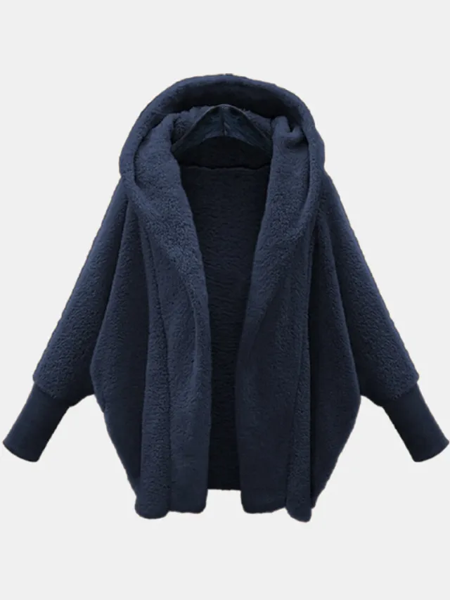 European And American Women's Clothing Solid Color Long Sleeve Hooded Loose Plush Coat Navy Blue - Shop at LoveMi